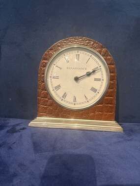 Renaissance Faux Croc Leather Bound Arched Mantel Clock Silver Base Vintage